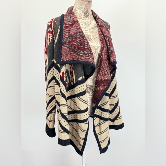 ST. JOHN’S BAY Beige gray red IKAT knit waterfall collar cardigan size L - Picture 7 of 13